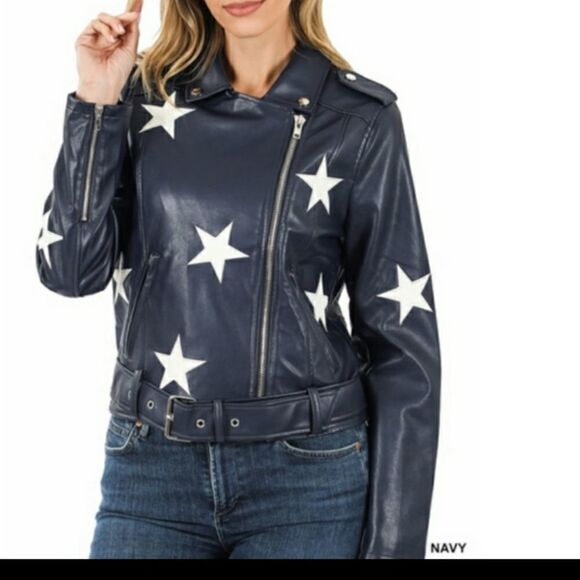 Leather jacket Embroidered white stars size L 10-12 - Picture 3 of 8